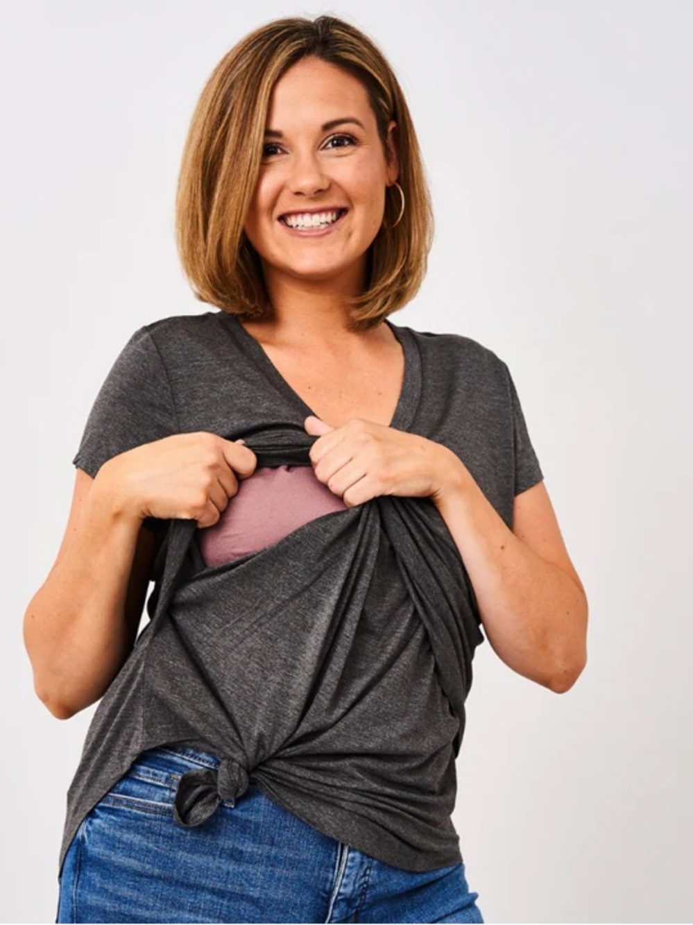 Latched Mama Boyfriend Nursing Gray V-Neck Short Sleeve Tee